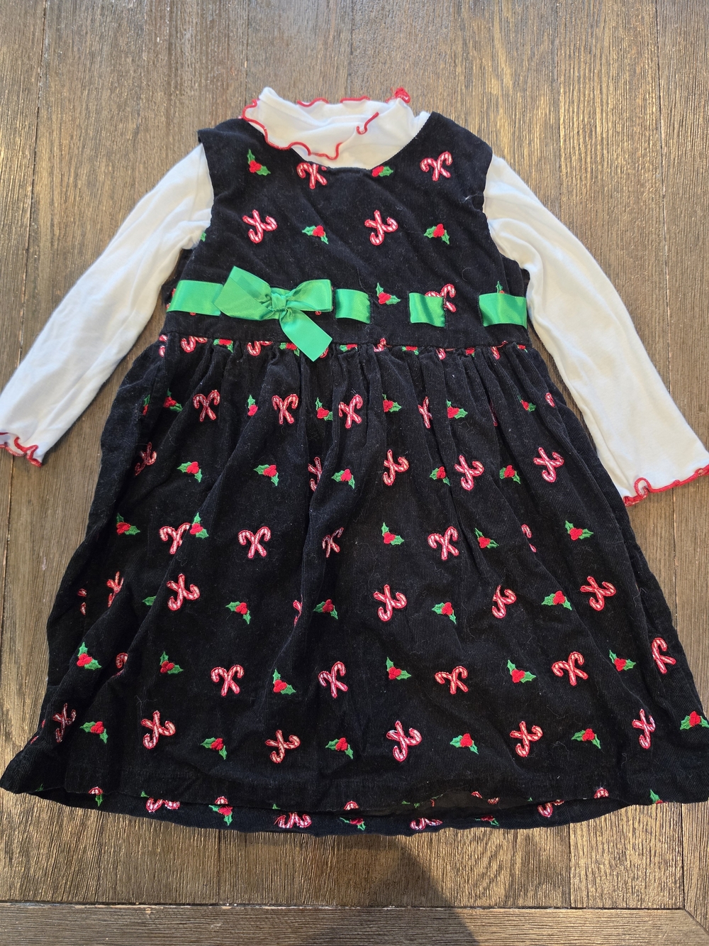 Blueberi Girls Black Velvet Holiday Dress with Candy Canes And Green Bow